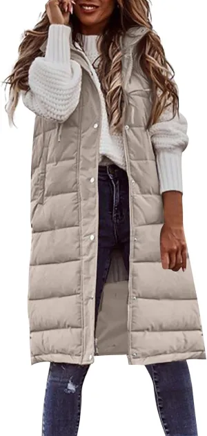 Womens Long Puffer Vest Winter Casual Sleeveless Full Zip Hooded Puffer Jacket Packable Lightweight Quilted Jacket Down Coats