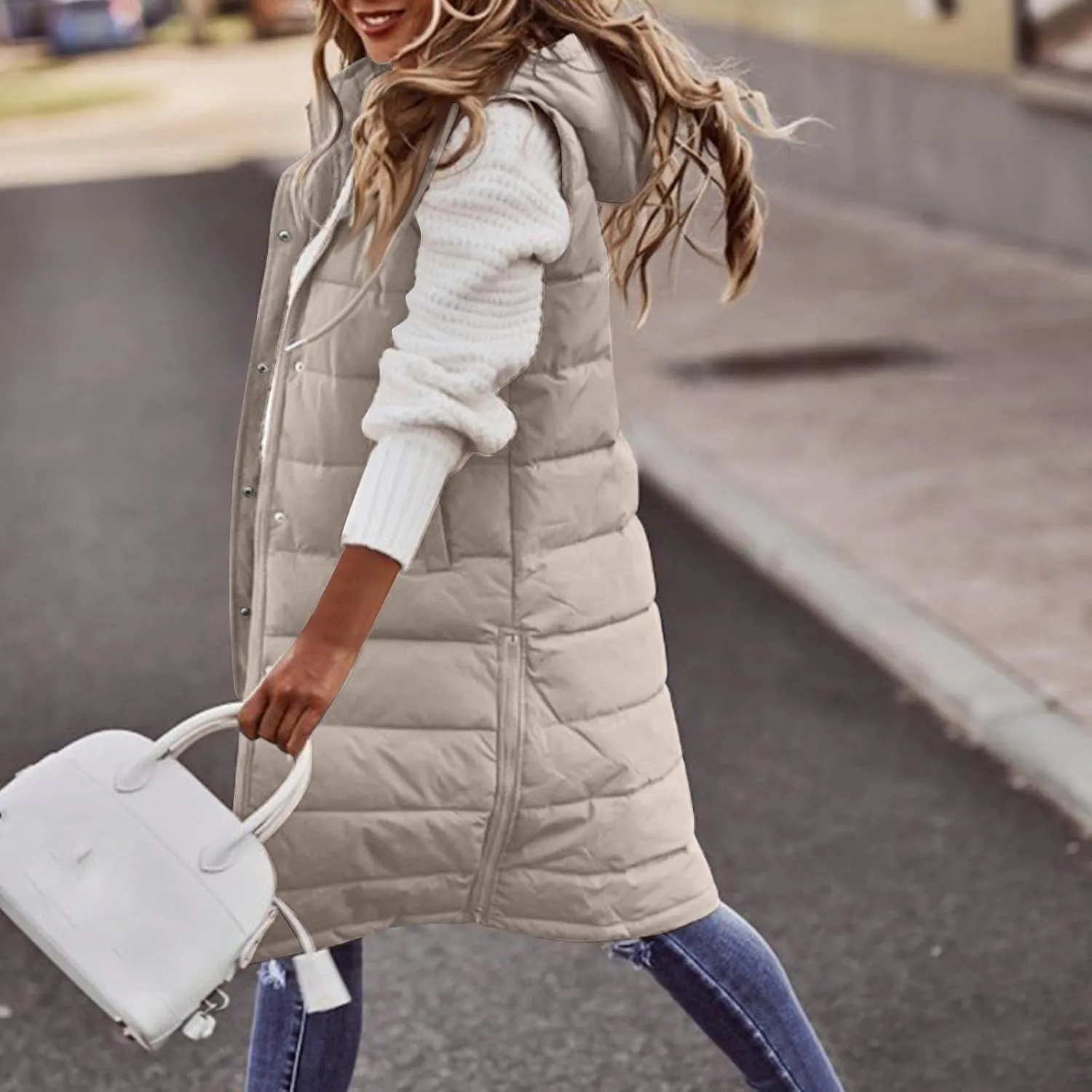 Womens Long Puffer Vest Winter Casual Sleeveless Full Zip Hooded Puffer Jacket Packable Lightweight Quilted Jacket Down Coats