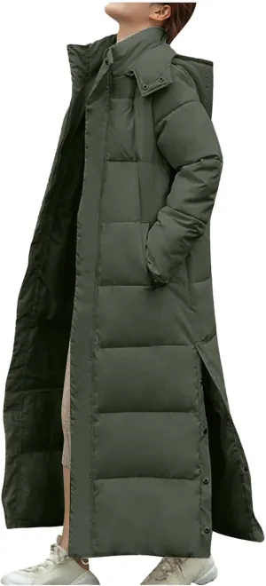 Women's Long Quilted Coat Maxi Length Hooded Puffer Jacket Side Split Thicken Padded Down Coats Winter Outerwear