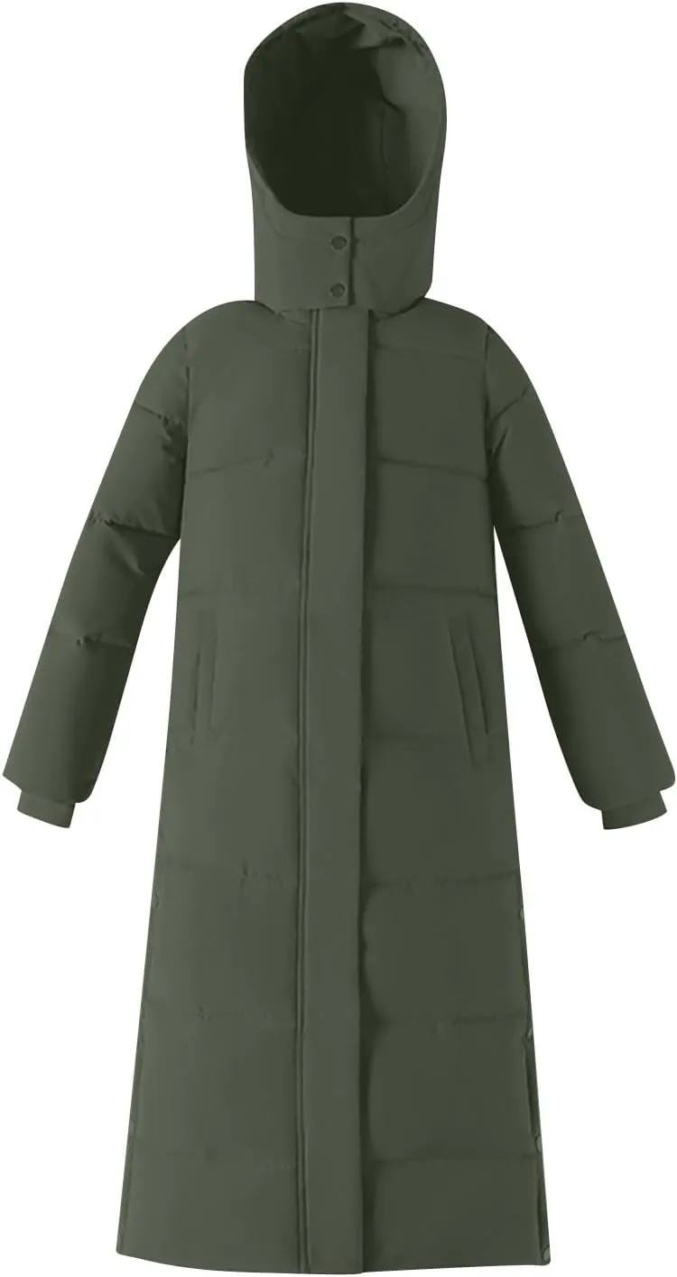 Women's Long Quilted Coat Maxi Length Hooded Puffer Jacket Side Split Thicken Padded Down Coats Winter Outerwear