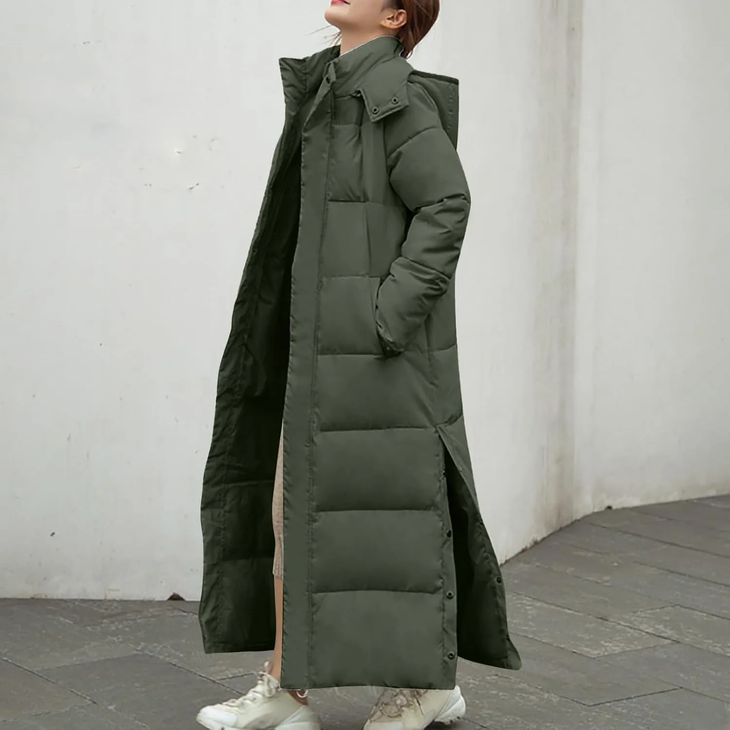 Women's Long Quilted Coat Maxi Length Hooded Puffer Jacket Side Split Thicken Padded Down Coats Winter Outerwear