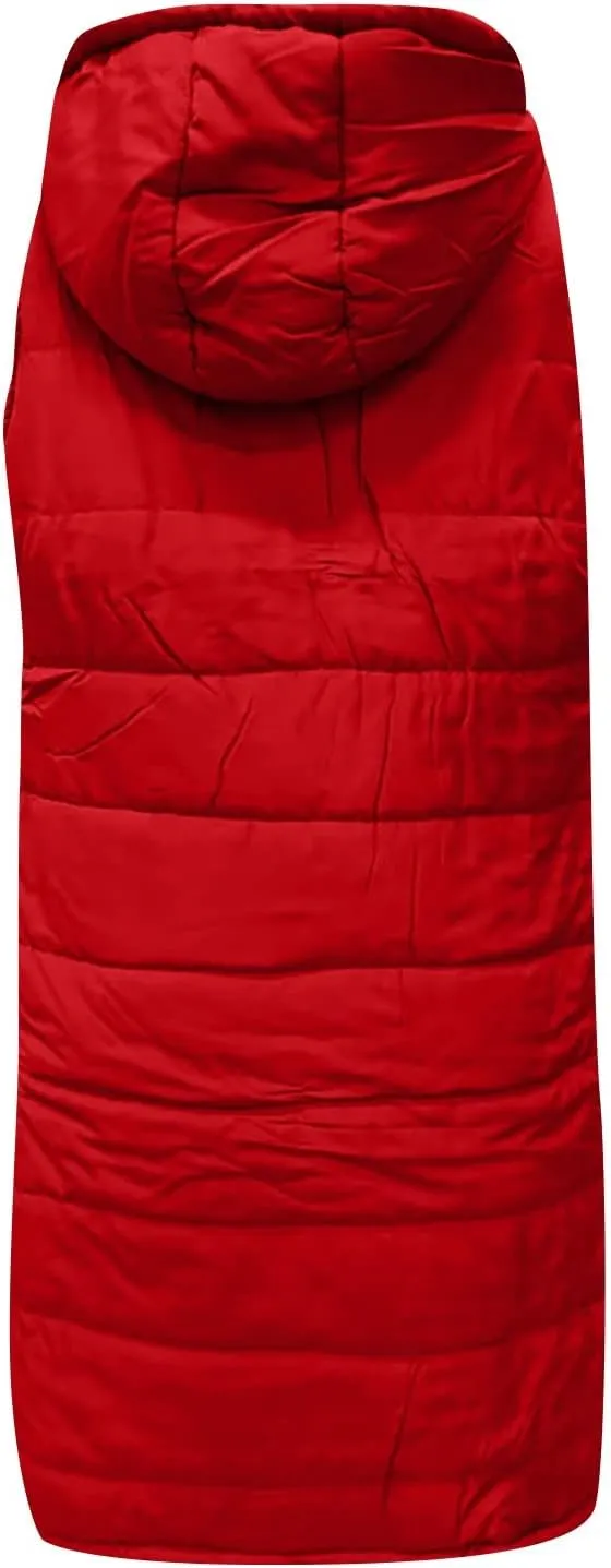 Women's Long Vest Sleeveless Lightweight Puffer Jacket Packable Hooded Down Coat Quilted Vest with Hood Winter