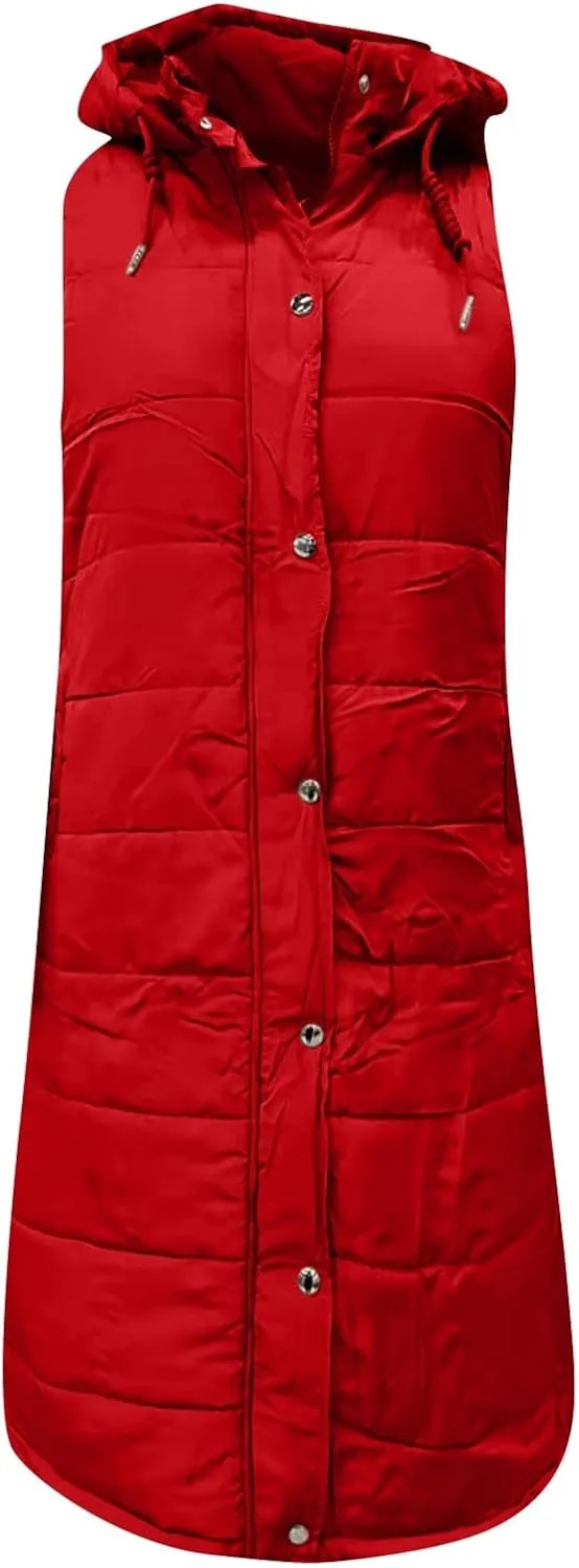 Women's Long Vest Sleeveless Lightweight Puffer Jacket Packable Hooded Down Coat Quilted Vest with Hood Winter