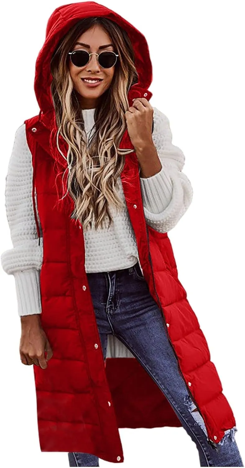 Women's Long Vest Sleeveless Lightweight Puffer Jacket Packable Hooded Down Coat Quilted Vest with Hood Winter