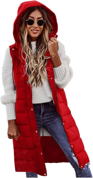 Women's Long Vest Sleeveless Lightweight Puffer Jacket Packable Hooded Down Coat Quilted Vest with Hood Winter
