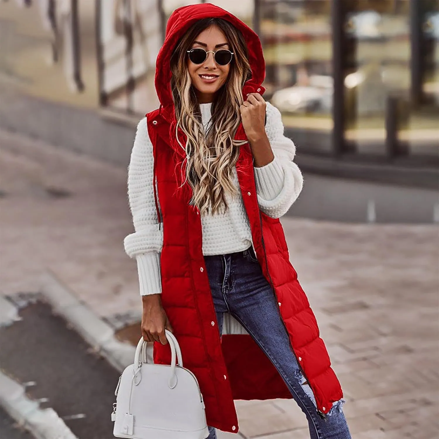 Women's Long Vest Sleeveless Lightweight Puffer Jacket Packable Hooded Down Coat Quilted Vest with Hood Winter