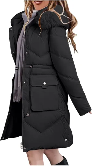 Women's Long Winter Puffer Coat 2024 Trendy Thickened Warm Down Jacket Windproof Parka Outerwear With Faux Fur Hood