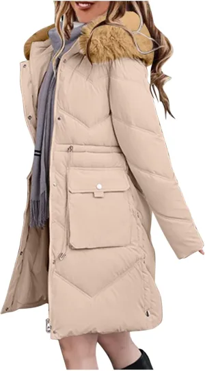 Women's Long Winter Puffer Coat 2024 Trendy Thickened Warm Down Jacket Windproof Parka Outerwear with Faux Fur Hood