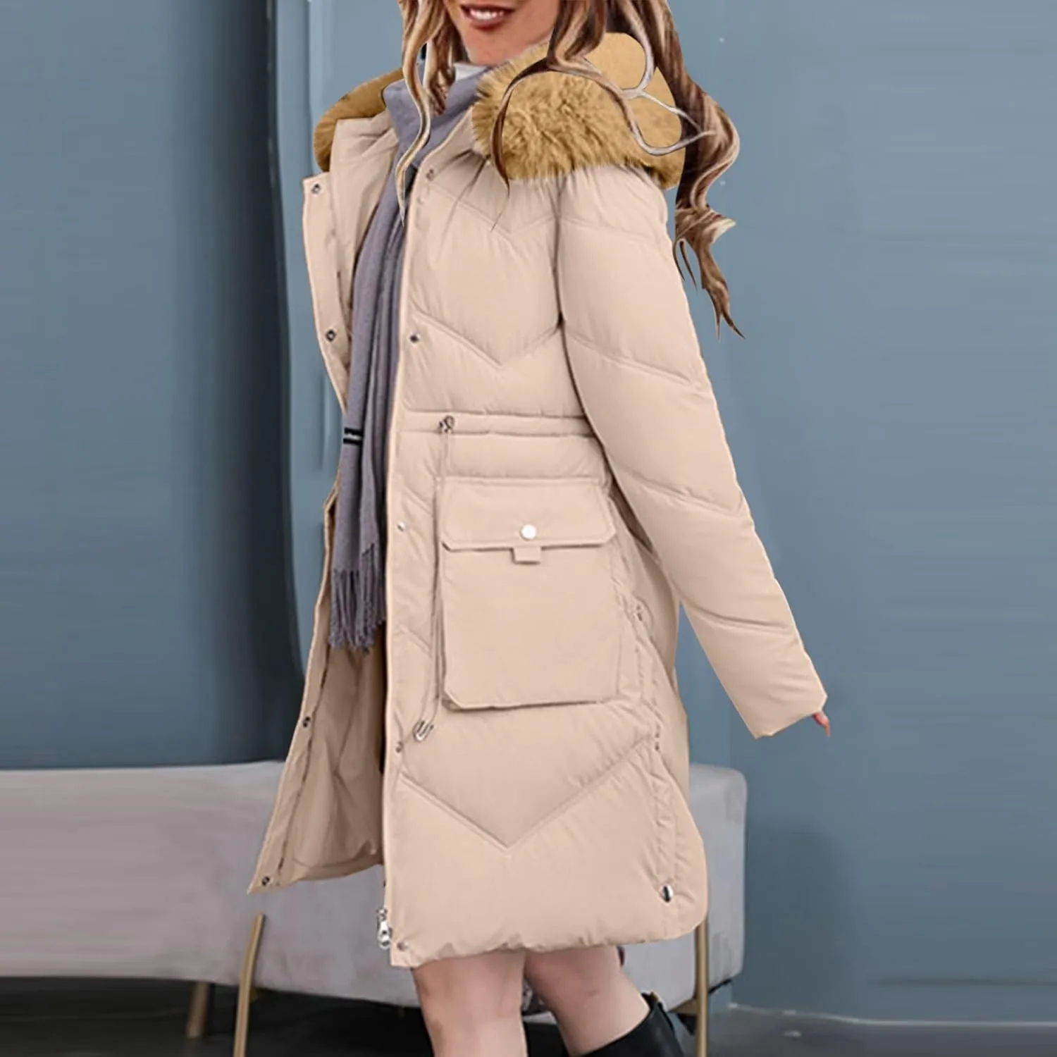 Women's Long Winter Puffer Coat 2024 Trendy Thickened Warm Down Jacket Windproof Parka Outerwear with Faux Fur Hood