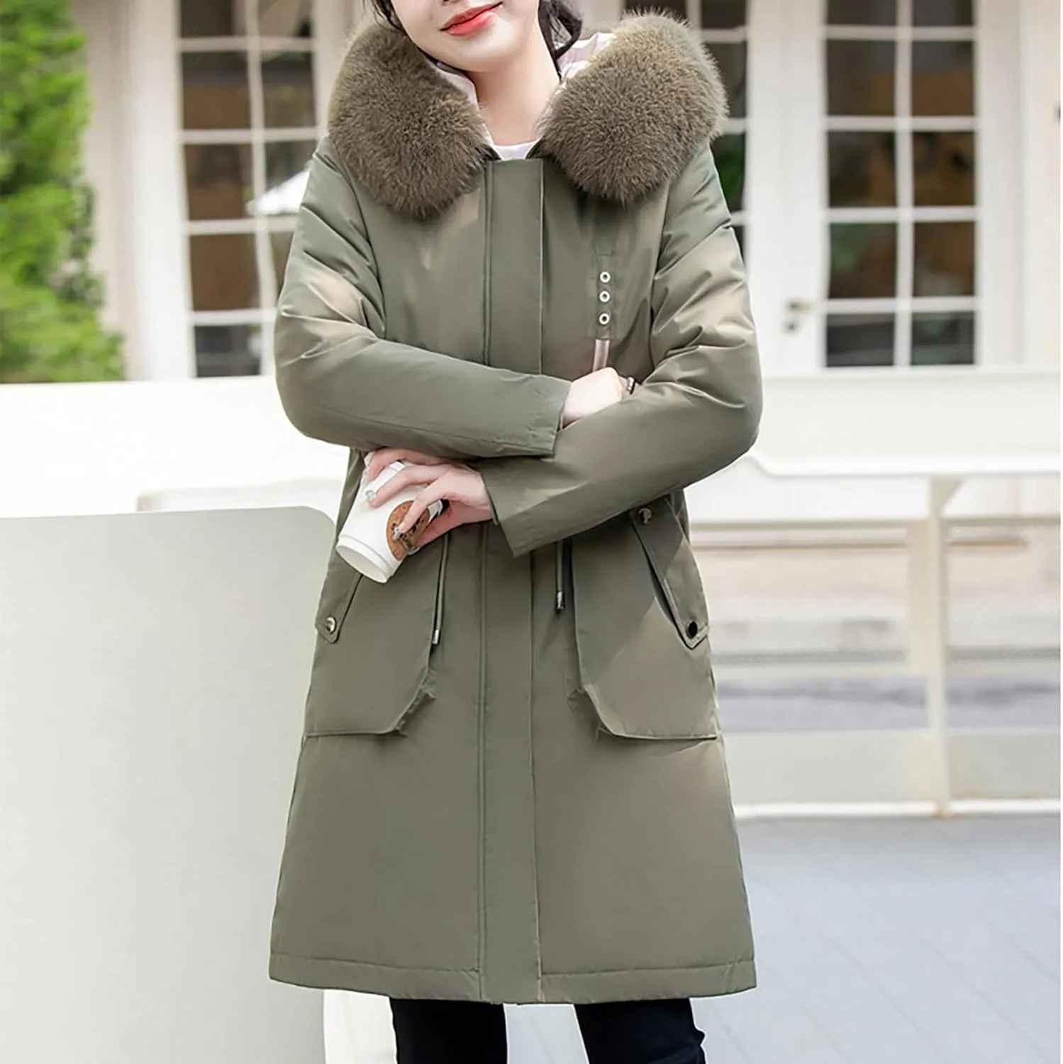 Women's Long Winter Quilted Puffer Coat Warm Maxi Down Jacket Faux Fur Fleece Hood Parka Outerwear with Hooded