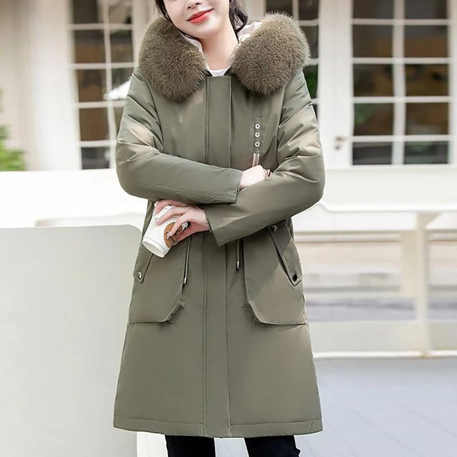 Women's Long Winter Quilted Puffer Coat Warm Maxi Down Jacket Faux Fur Fleece Hood Parka Outerwear with Hooded