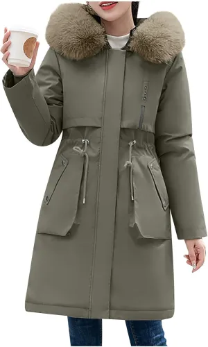 Women's Long Winter Quilted Puffer Coat Warm Maxi Down Jacket Faux Fur Fleece Hood Parka Outerwear with Hooded