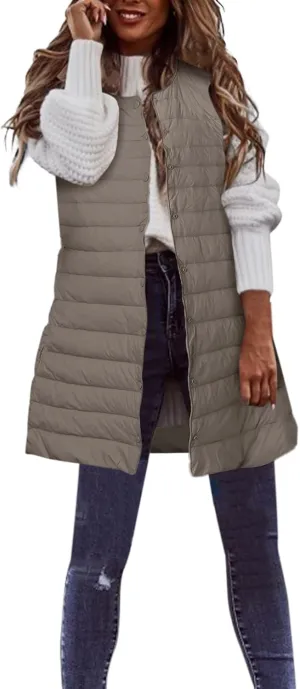 Womens Long Winter Vest Sleeveless Lightweight Puffer Jackets Fashion Slim Gilet Quilted Coat Outdoor Travel Outwear