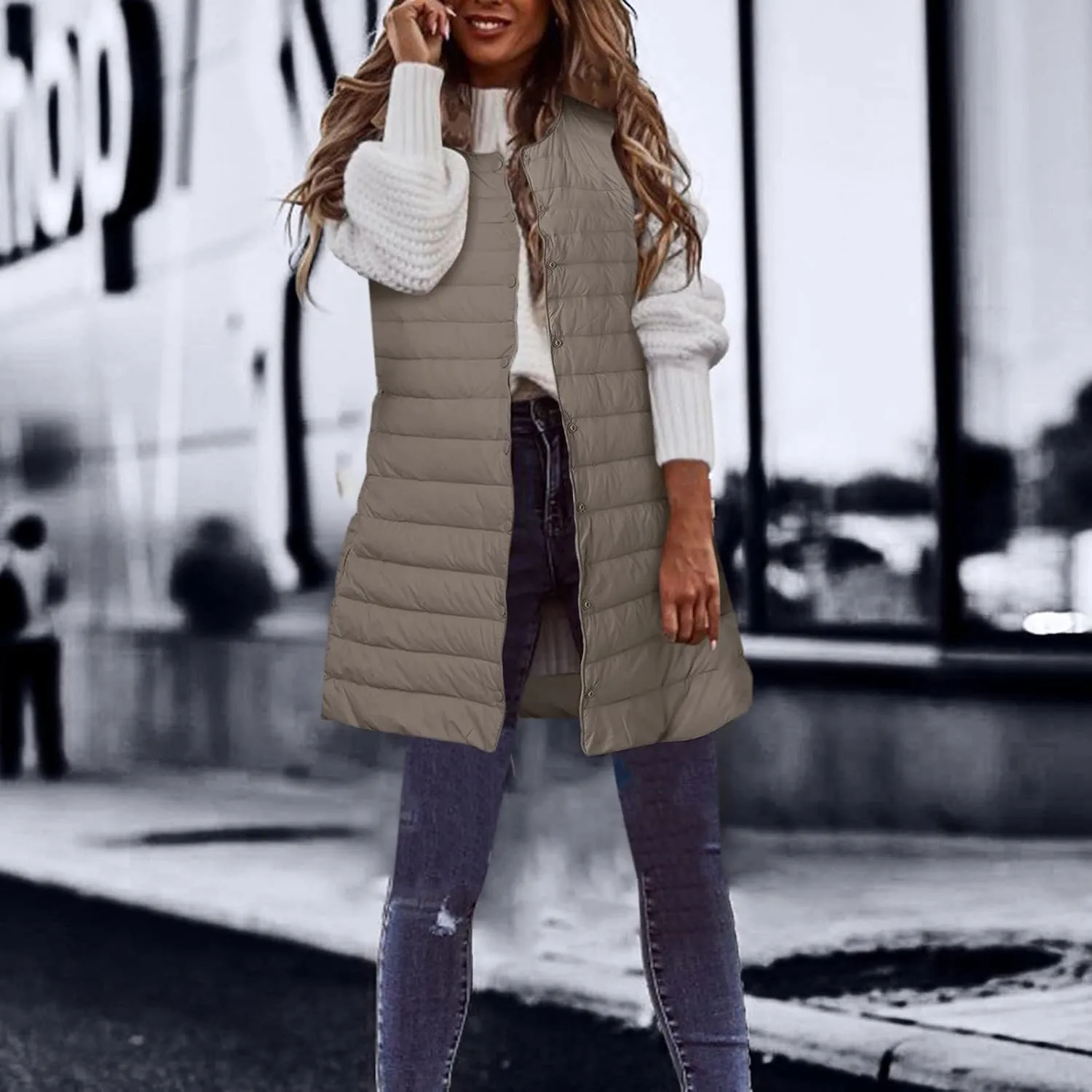 Womens Long Winter Vest Sleeveless Lightweight Puffer Jackets Fashion Slim Gilet Quilted Coat Outdoor Travel Outwear
