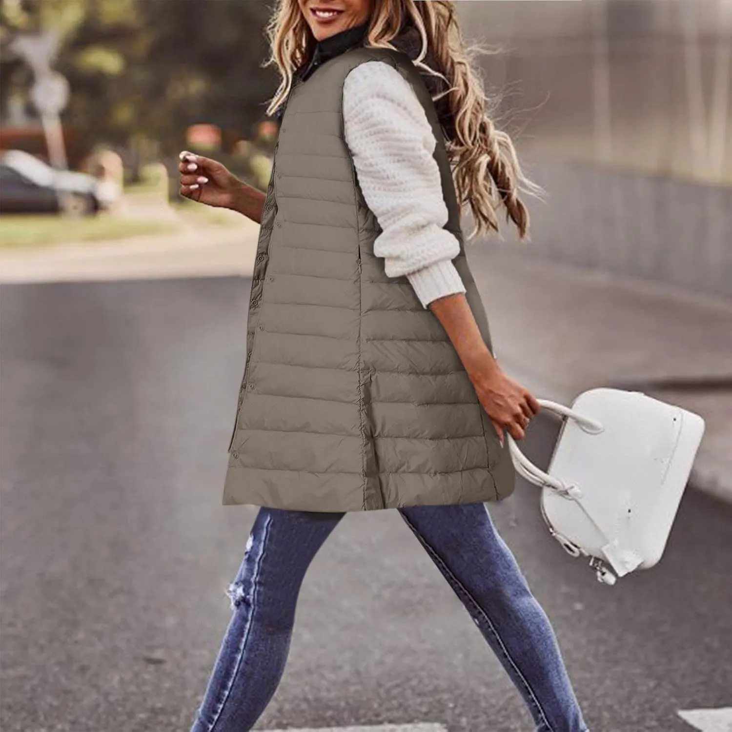 Womens Long Winter Vest Sleeveless Lightweight Puffer Jackets Fashion Slim Gilet Quilted Coat Outdoor Travel Outwear