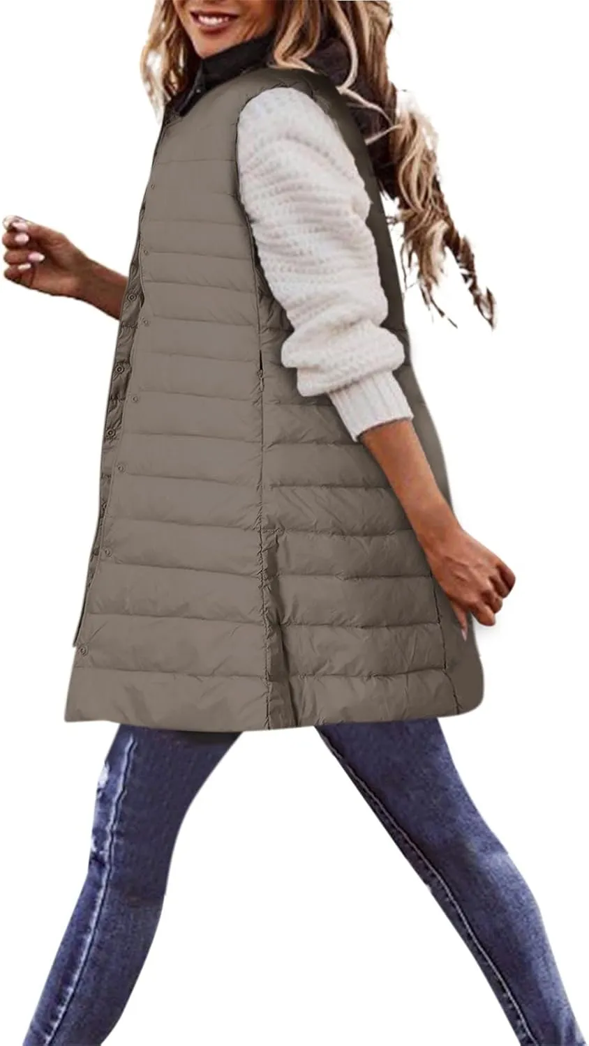 Womens Long Winter Vest Sleeveless Lightweight Puffer Jackets Fashion Slim Gilet Quilted Coat Outdoor Travel Outwear