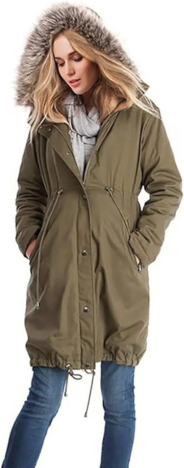 Womens Maternity Winter Coat Thicken Quilted Lined Warm Hooded Outwear Long Puffer Down Jacket Parka with Pockets