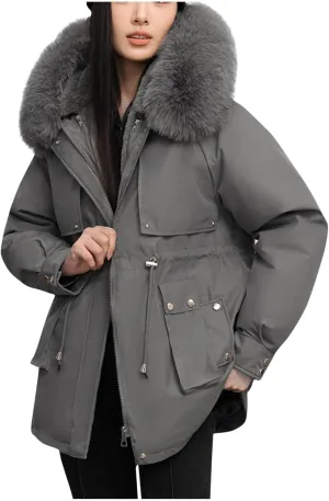 Women's Mid-Length Puffer Coats Faux Fur Trim Hoodie Motorcycle Winter Down Jacket with Removable Hood Thicken Coats