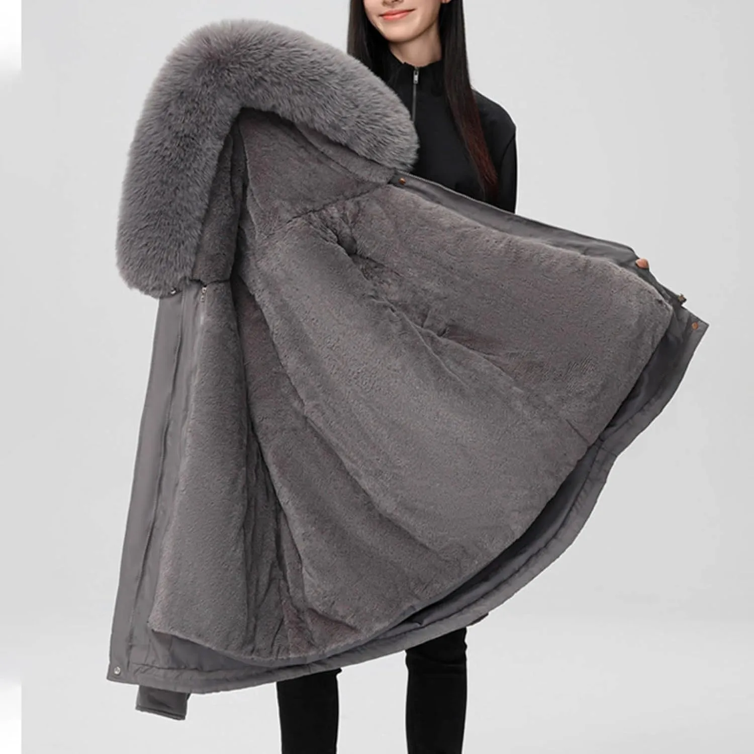 Women's Mid-Length Puffer Coats Faux Fur Trim Hoodie Motorcycle Winter Down Jacket with Removable Hood Thicken Coats