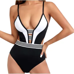 Women's One Piece Swimsuits Tummy Control Strap Bikini Swimsuits Cheeky Backless Color Block Plunge Bathing Suit