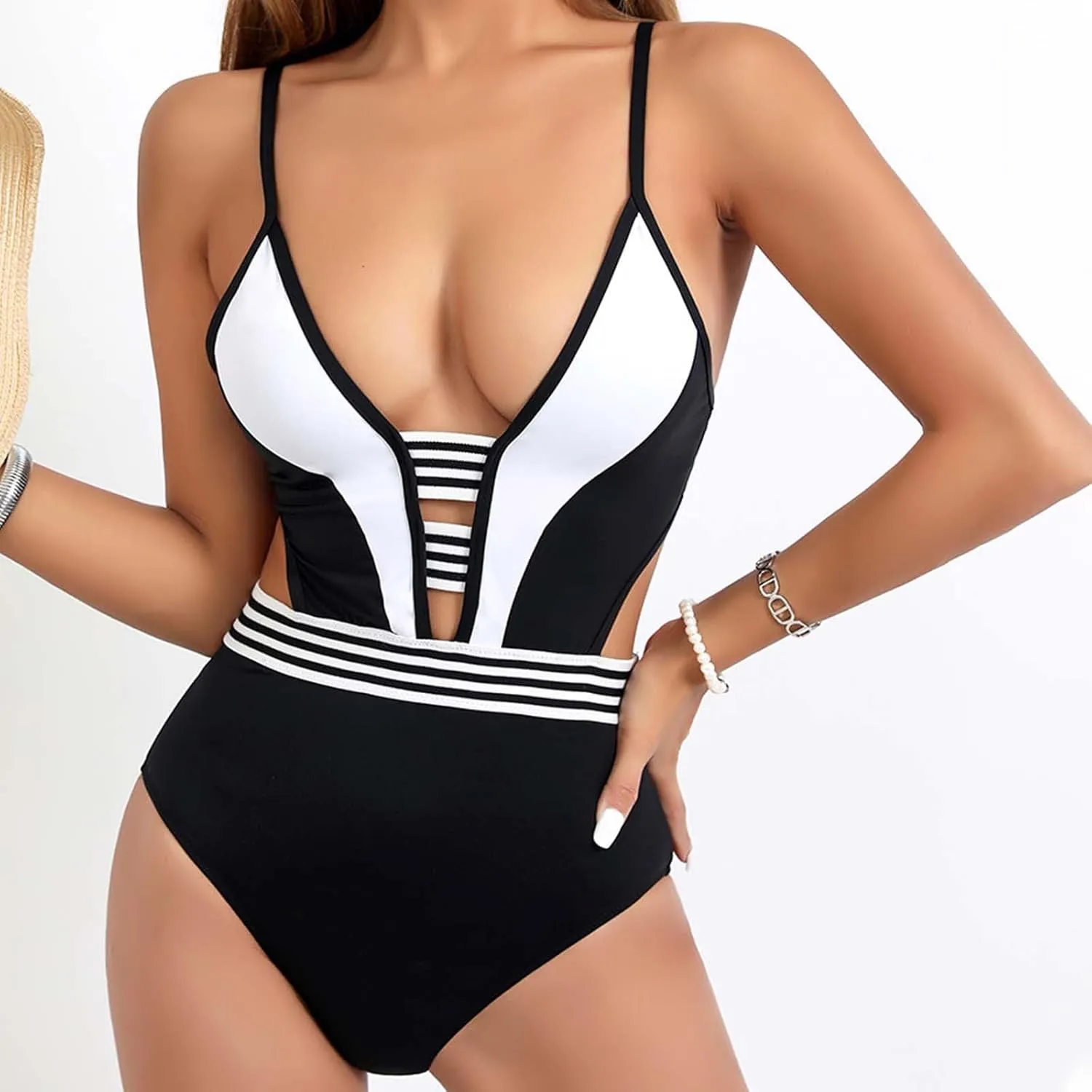 Women's One Piece Swimsuits Tummy Control Strap Bikini Swimsuits Cheeky Backless Color Block Plunge Bathing Suit