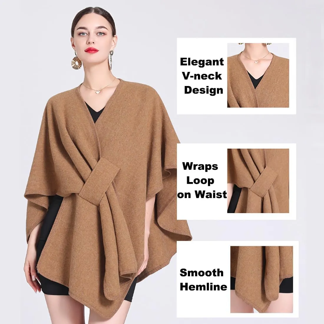 Women's Open Front Cardigan Shawls Elegant Solid Color Poncho Ruana Cape Plus Size Knit Wraps for Fall Winter