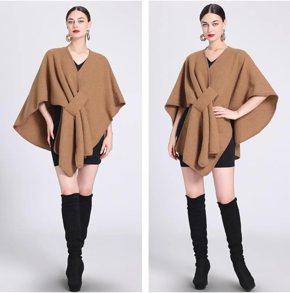 Women's Open Front Cardigan Shawls Elegant Solid Color Poncho Ruana Cape Plus Size Knit Wraps for Fall Winter