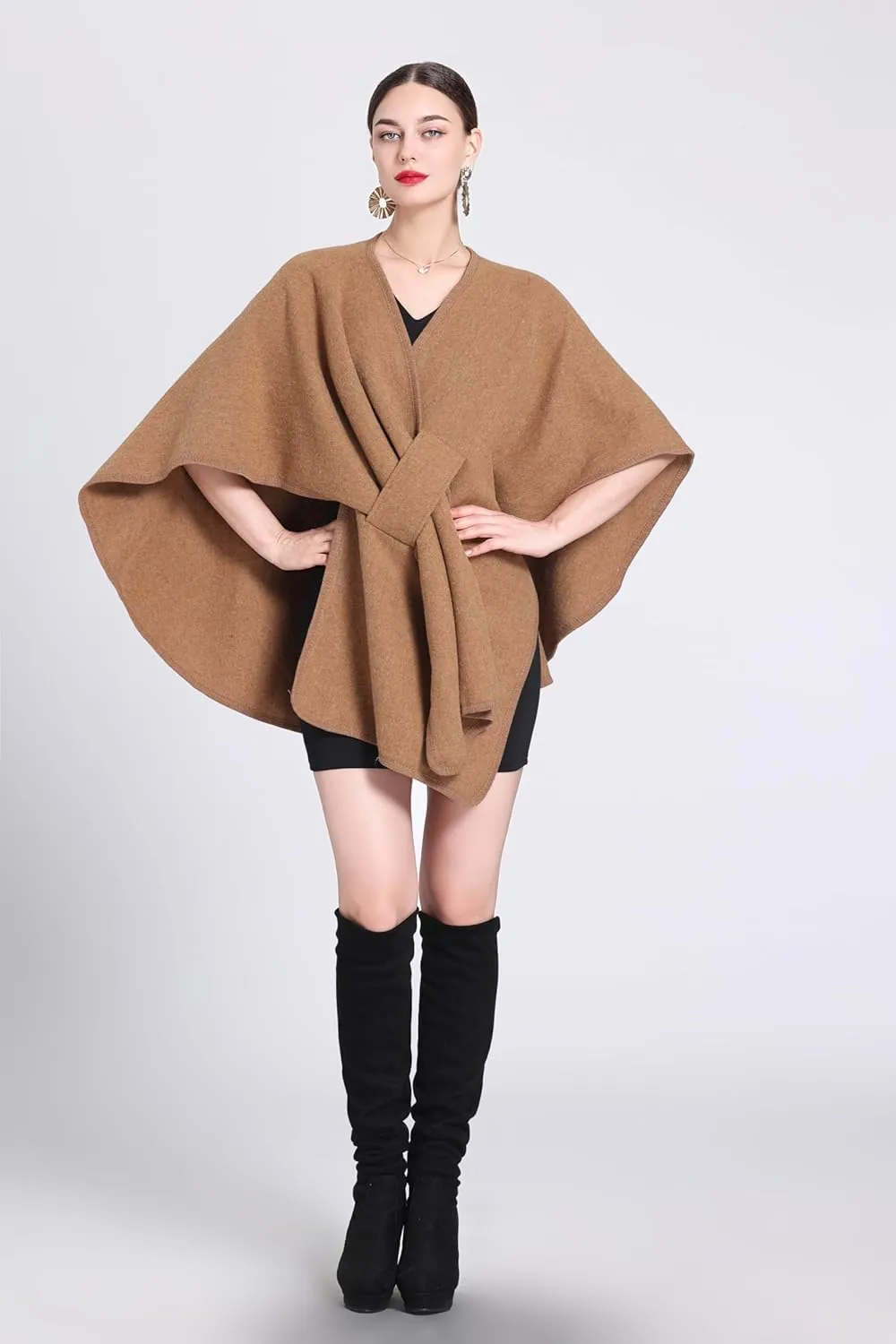 Women's Open Front Cardigan Shawls Elegant Solid Color Poncho Ruana Cape Plus Size Knit Wraps for Fall Winter