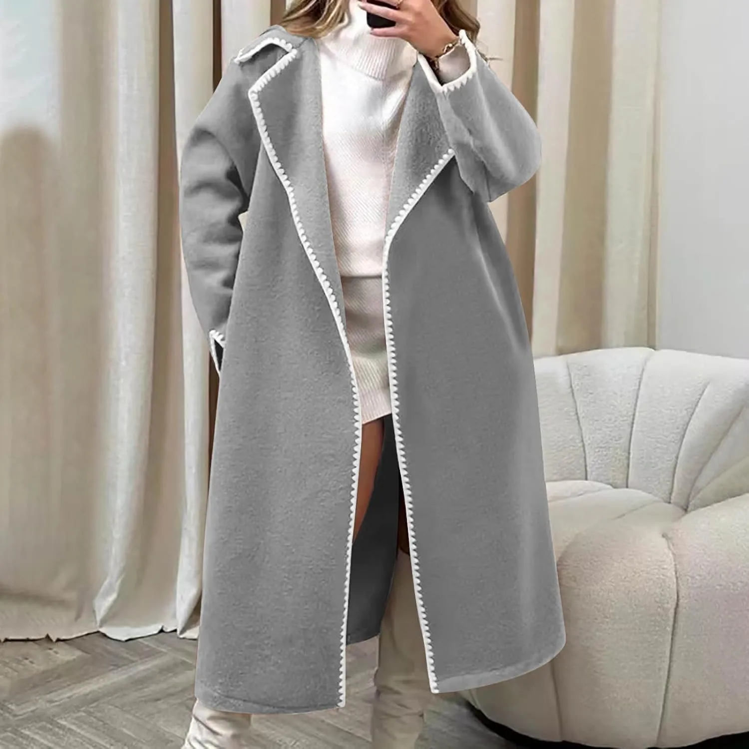Women's Open Front Long Cardigan Wool Blend Coat Casual Lapel Coatigan Coat 2024 Fall Jacket Outerwear with Pockets