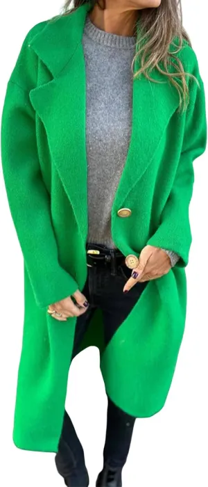 Women's Oversized Wool Blend Coat Lightweight Single Breast Midi Long Trench Coat Lapel Open Front Casual Pea Coat