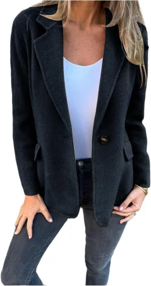 Womens Pea Coat Lapel Button Down Blazer Jacket Wool Blend Business Coat Causal Long Sleeve Office Outerwear