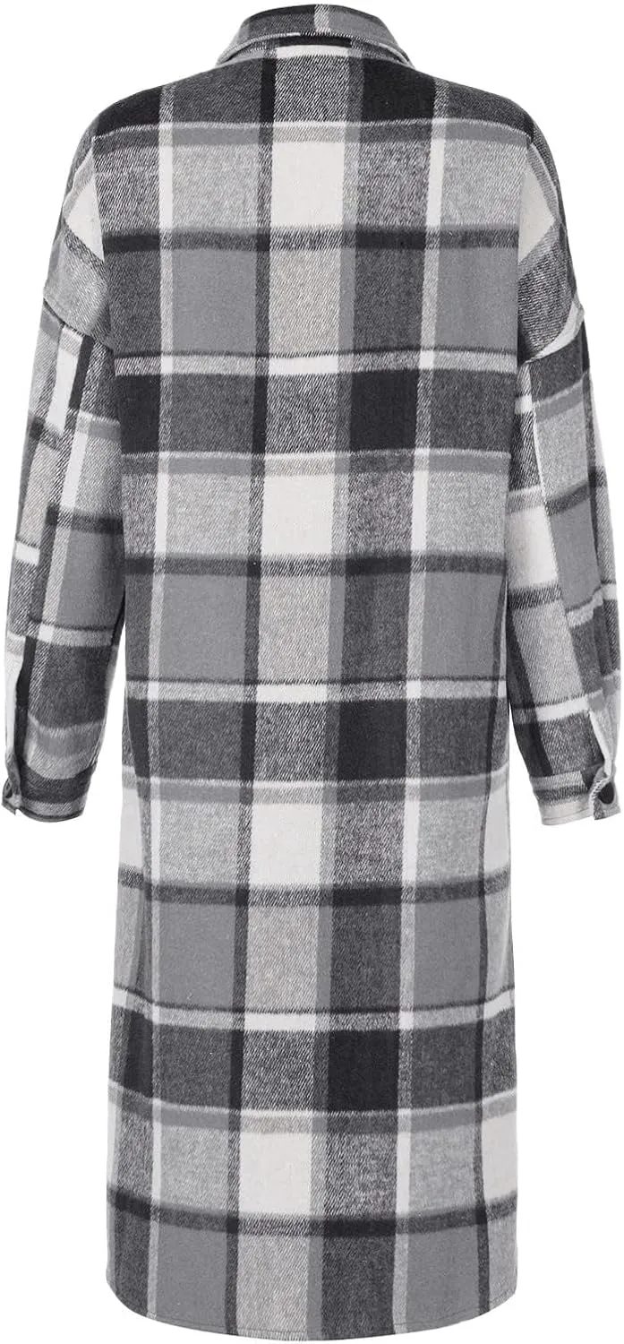 Women's Plaid Shacket Jacket Casual Lapel Button Down Long Plaid Shirt Coat Wool Blend Winter Tartan Trench Coat Tops