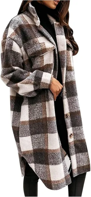 Women's Plaid Shacket Jacket Long Sleeve Flannel Long Shirt Coat Lapel Button Up Lounge Tartan Outerwear with Pockets