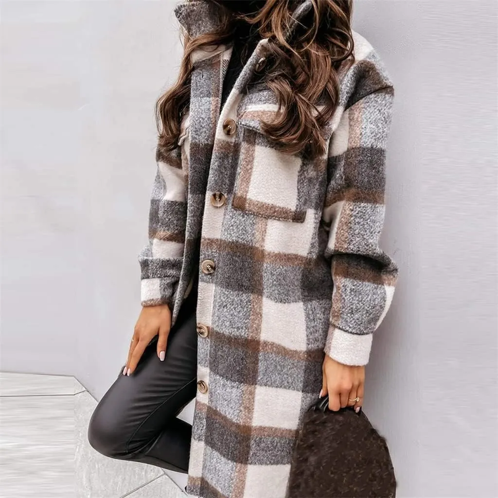Women's Plaid Shacket Jacket Long Sleeve Flannel Long Shirt Coat Lapel Button Up Lounge Tartan Outerwear with Pockets