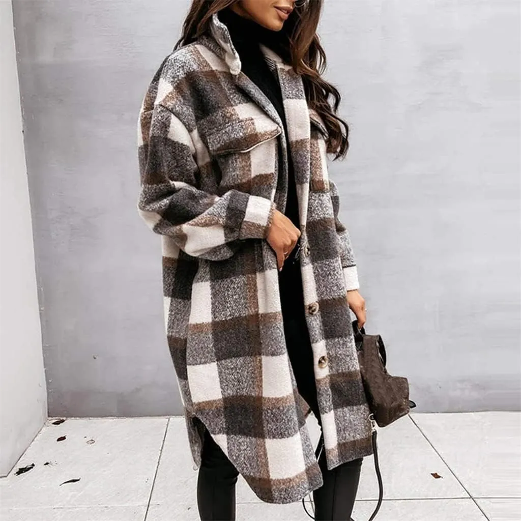 Women's Plaid Shacket Jacket Long Sleeve Flannel Long Shirt Coat Lapel Button Up Lounge Tartan Outerwear with Pockets