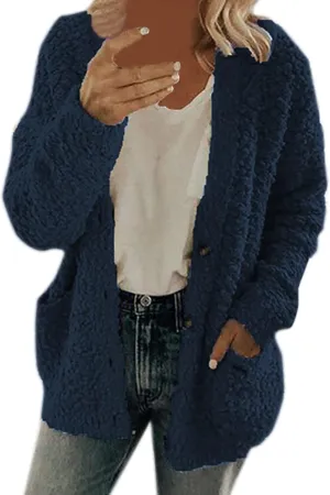 Womens Polar Fleece Cardigan Jacket Casual Plus Size Plush Sweater Coat with Pockets Buttons Wool Sherpa Overcoat 2023