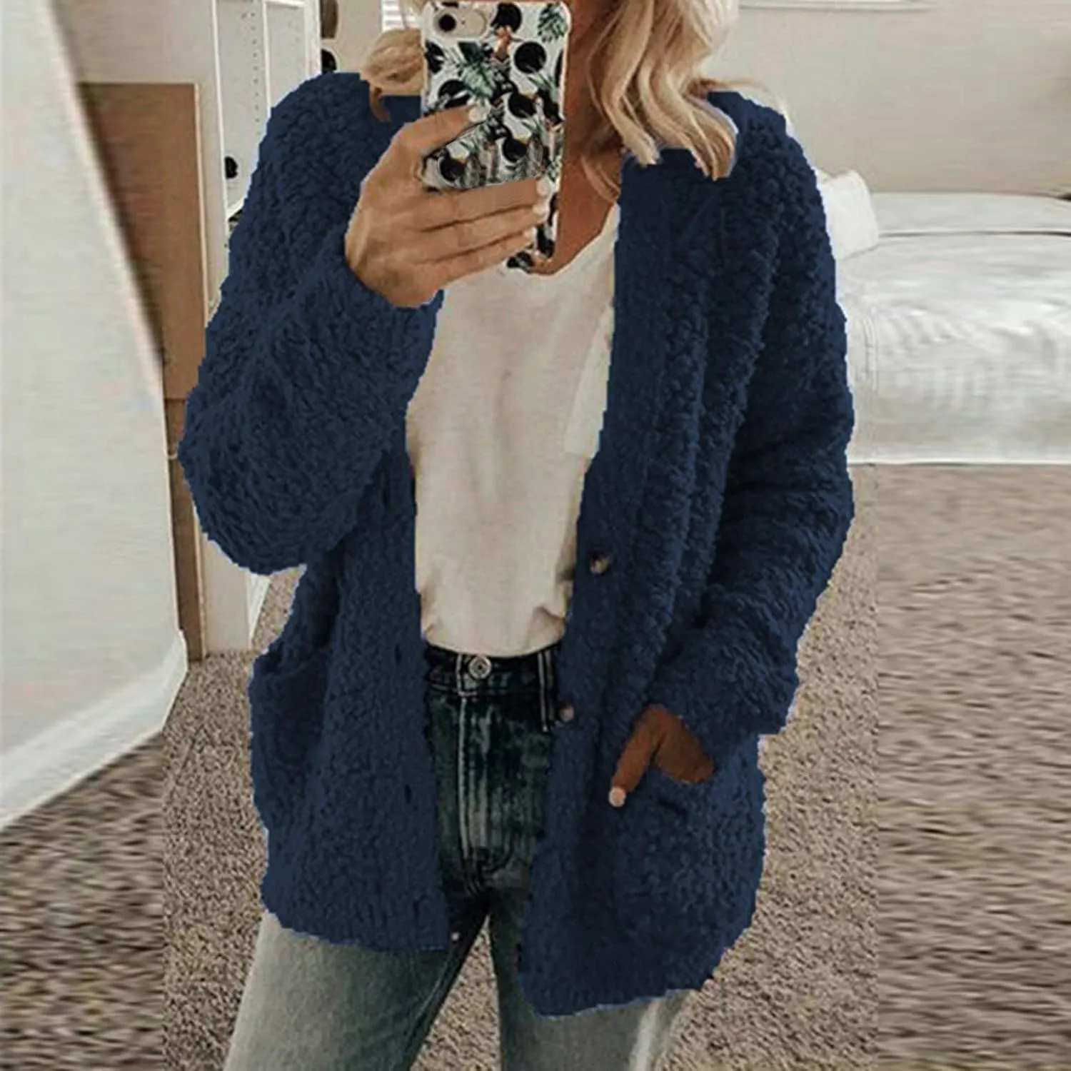 Womens Polar Fleece Cardigan Jacket Casual Plus Size Plush Sweater Coat with Pockets Buttons Wool Sherpa Overcoat 2023