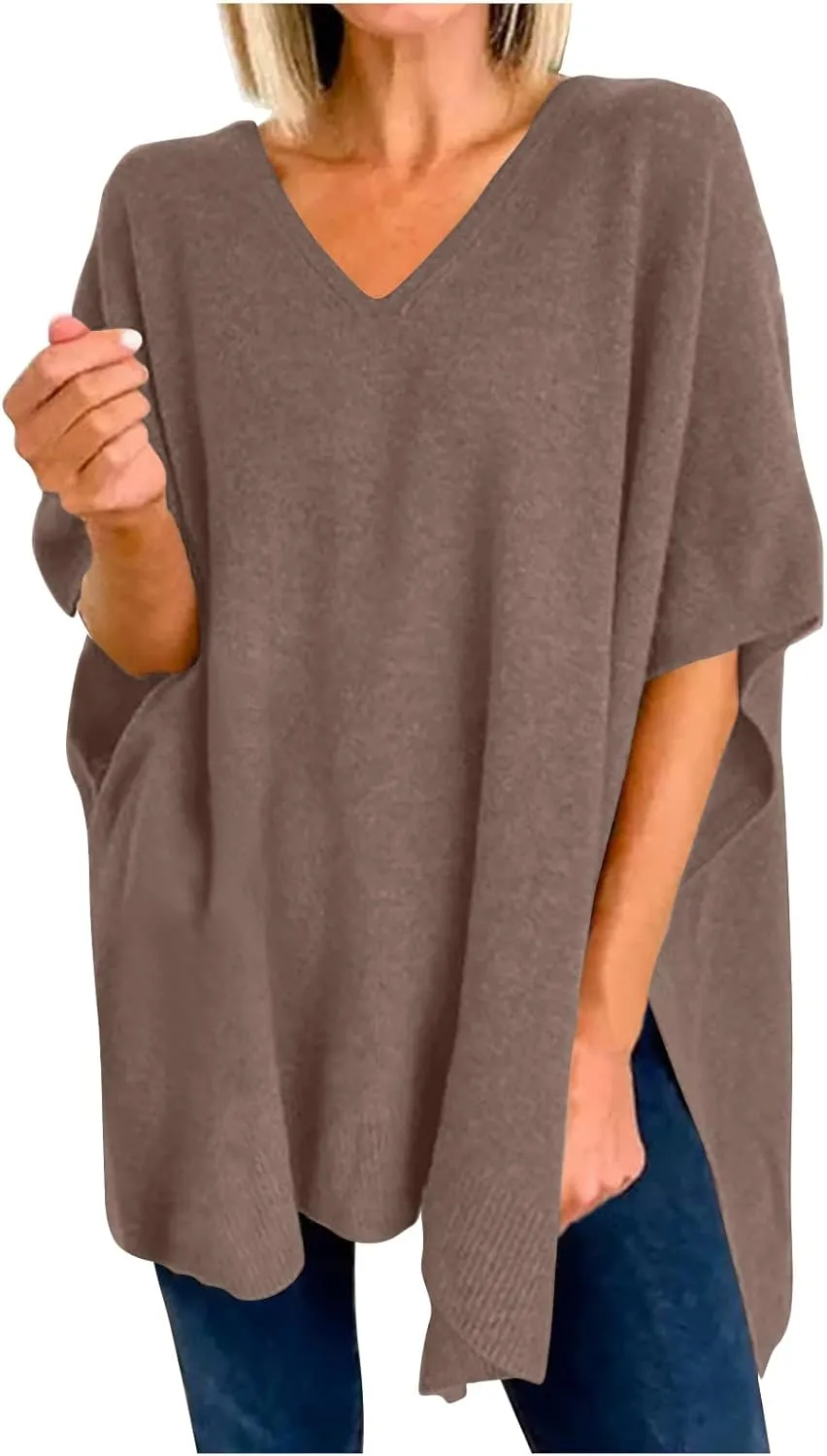Womens Poncho Sweater Women V Neck Ponchos and Wraps Batwing Sleeveless Shawl Pullover Sweaters Teens Fashion Clothing