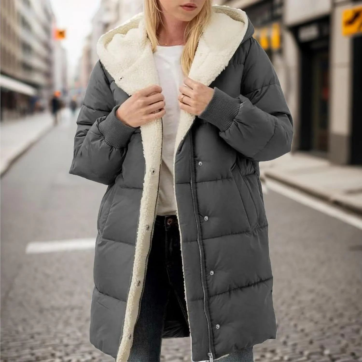 Women's Puffer Jacket Zipper Button Hooded Down Jacket Sherpa Fleece Lined Thickened Jacket Winter Warm Down Coat