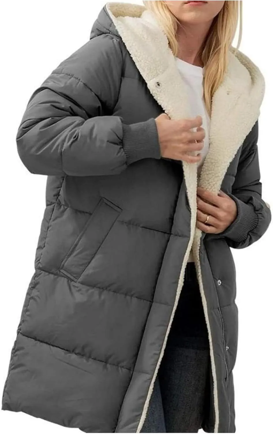 Women's Puffer Jacket Zipper Button Hooded Down Jacket Sherpa Fleece Lined Thickened Jacket Winter Warm Down Coat