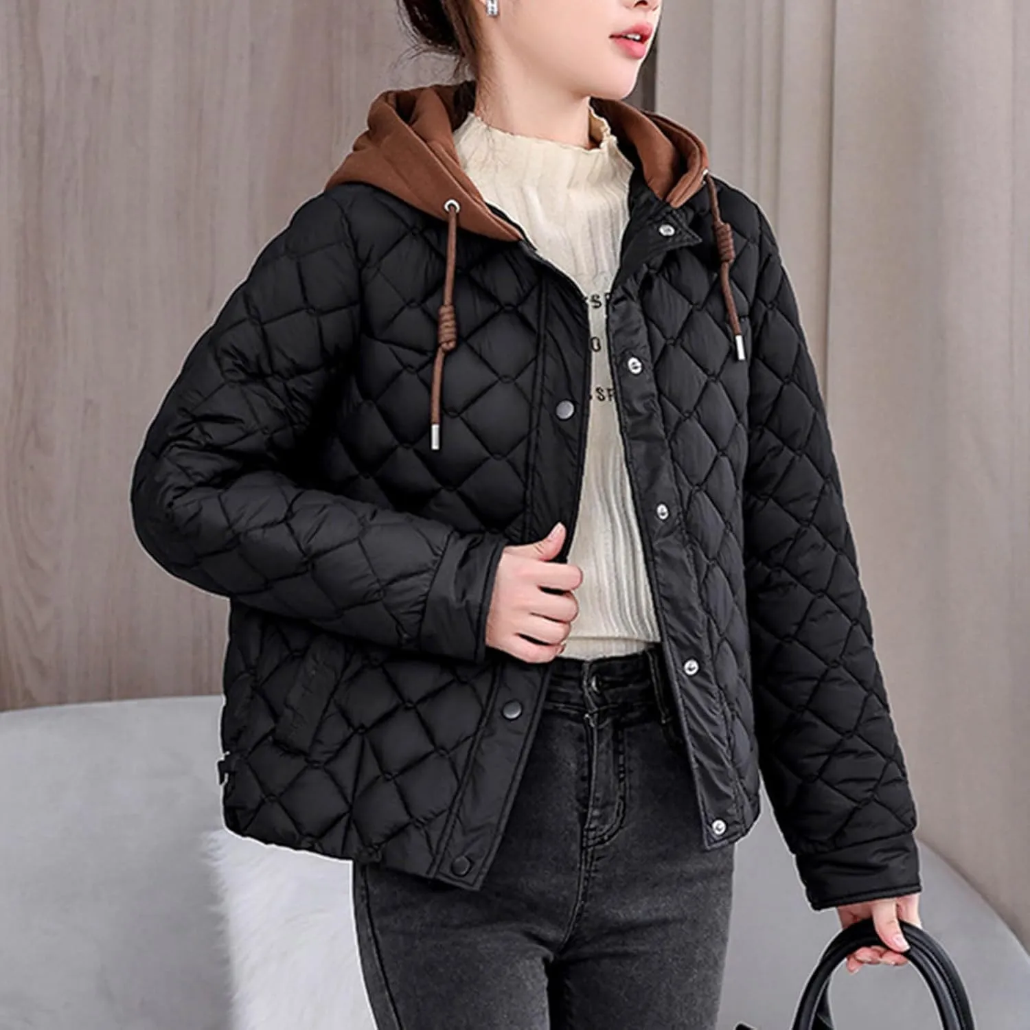 Womens Quilted Puffer Jackets Hooded Winter Warm Down Coat Loose Comfort Outerwear with Pockets Thicken Puffy Jacket