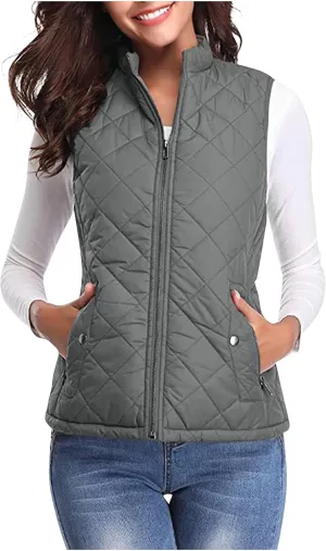 Women's Quilted Vest Stand Collar Lightweight Zip Padded Puffer Stand Collar Sleeveless Winter Warm Outerwear Jackets
