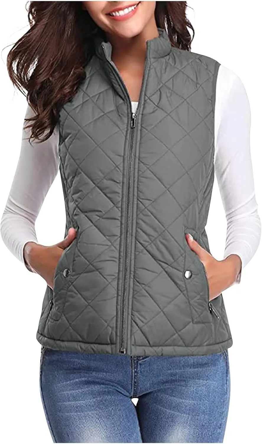 Women's Quilted Vest Stand Collar Lightweight Zip Padded Puffer Stand Collar Sleeveless Winter Warm Outerwear Jackets