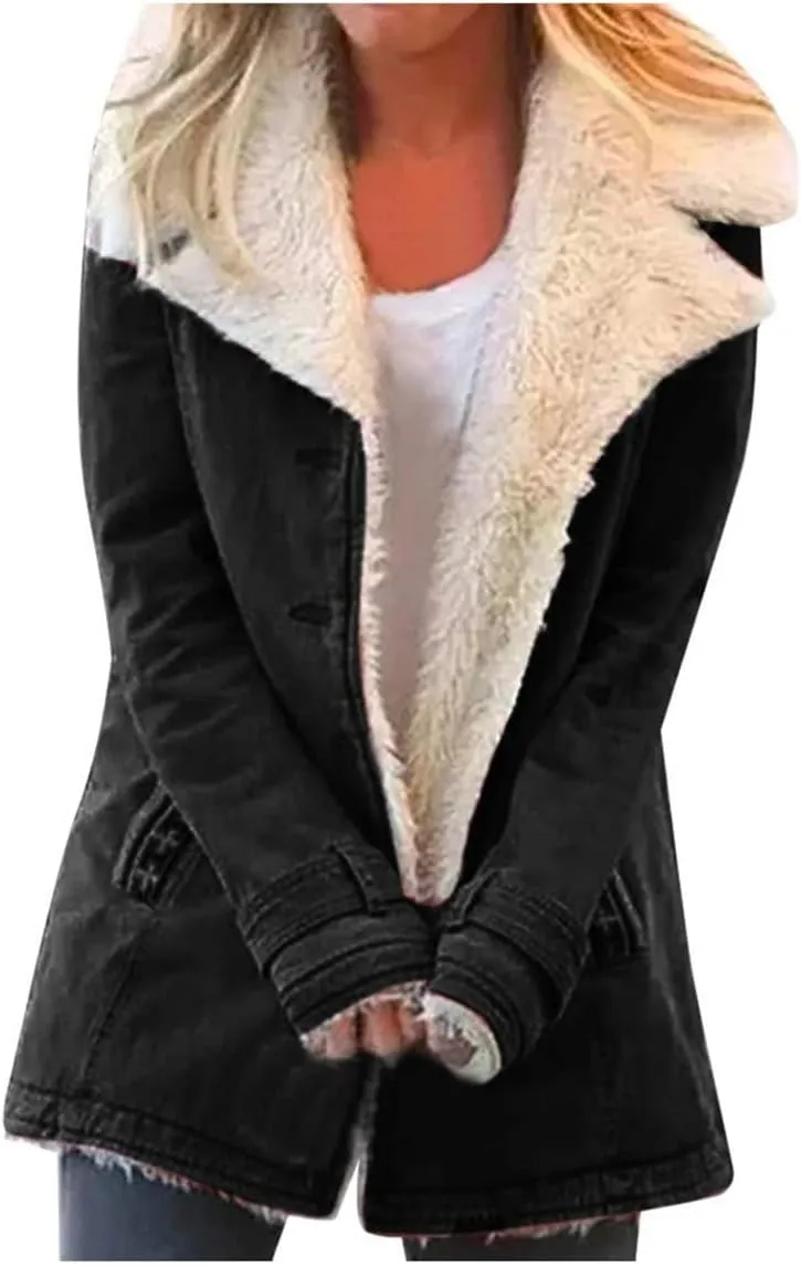 Womens Sherpa Jean Jacket Winter Warm Lapel Button Down Fleece Lined Denim Coat Thicken Faux Fur Outerwear with Pocket
