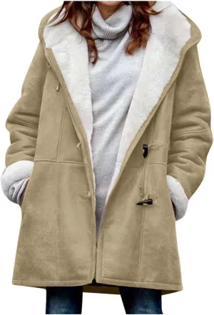 Womens Sherpa Lined Jackets Plus Size Winter Coats Faux Suede Pea Coat Warm Fleece Parka Outerwear