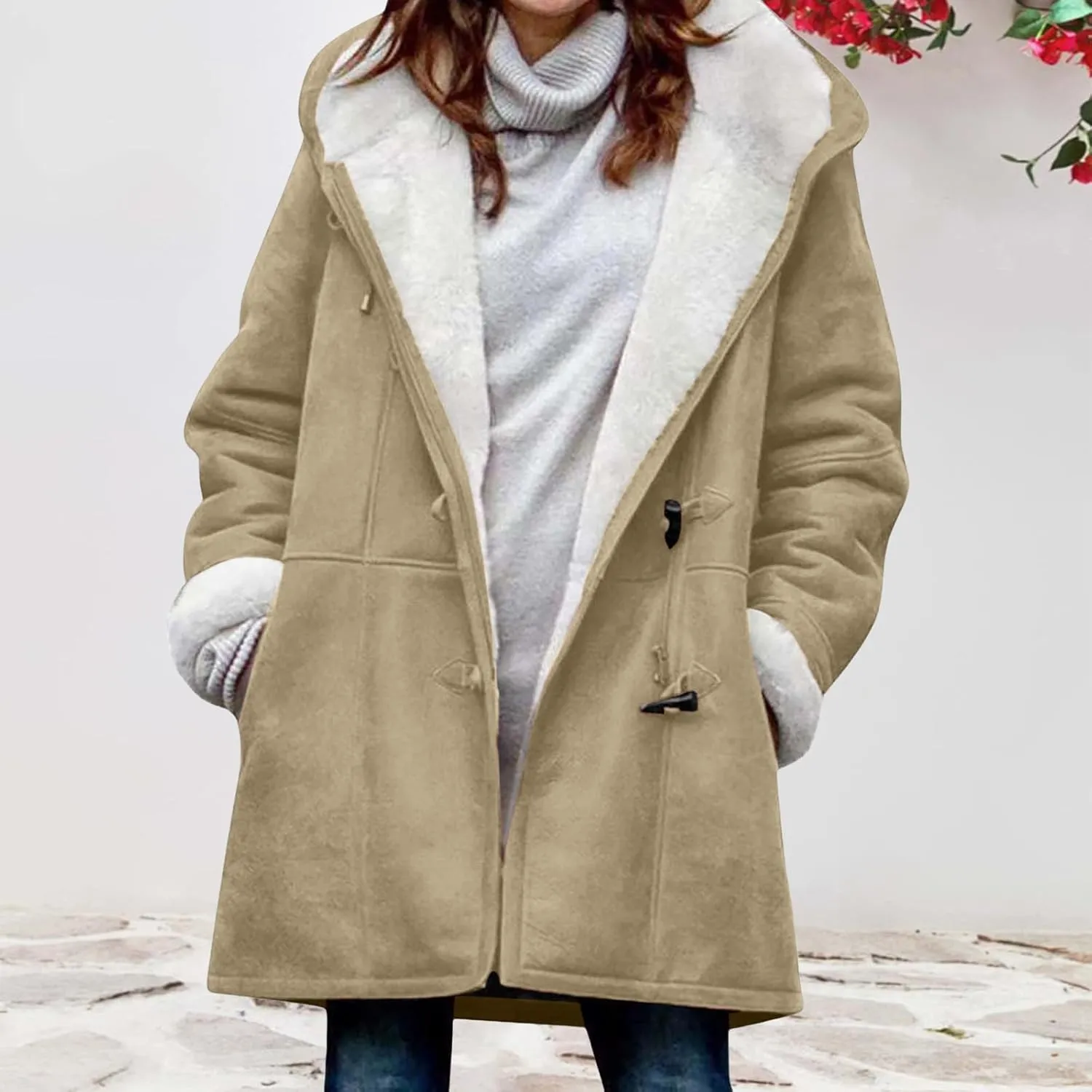 Womens Sherpa Lined Jackets Plus Size Winter Coats Faux Suede Pea Coat Warm Fleece Parka Outerwear