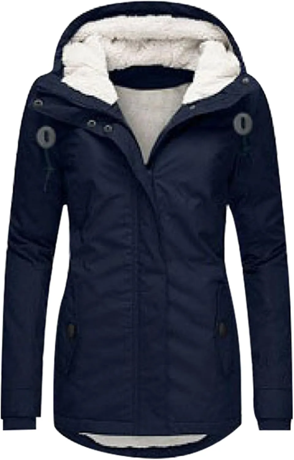 Womens Simple Zipper Solid Fleece Coat Long Sleeve Hooded Puffer Coat Casual Warm Pockets Overcoat Outdoor Winter Suits