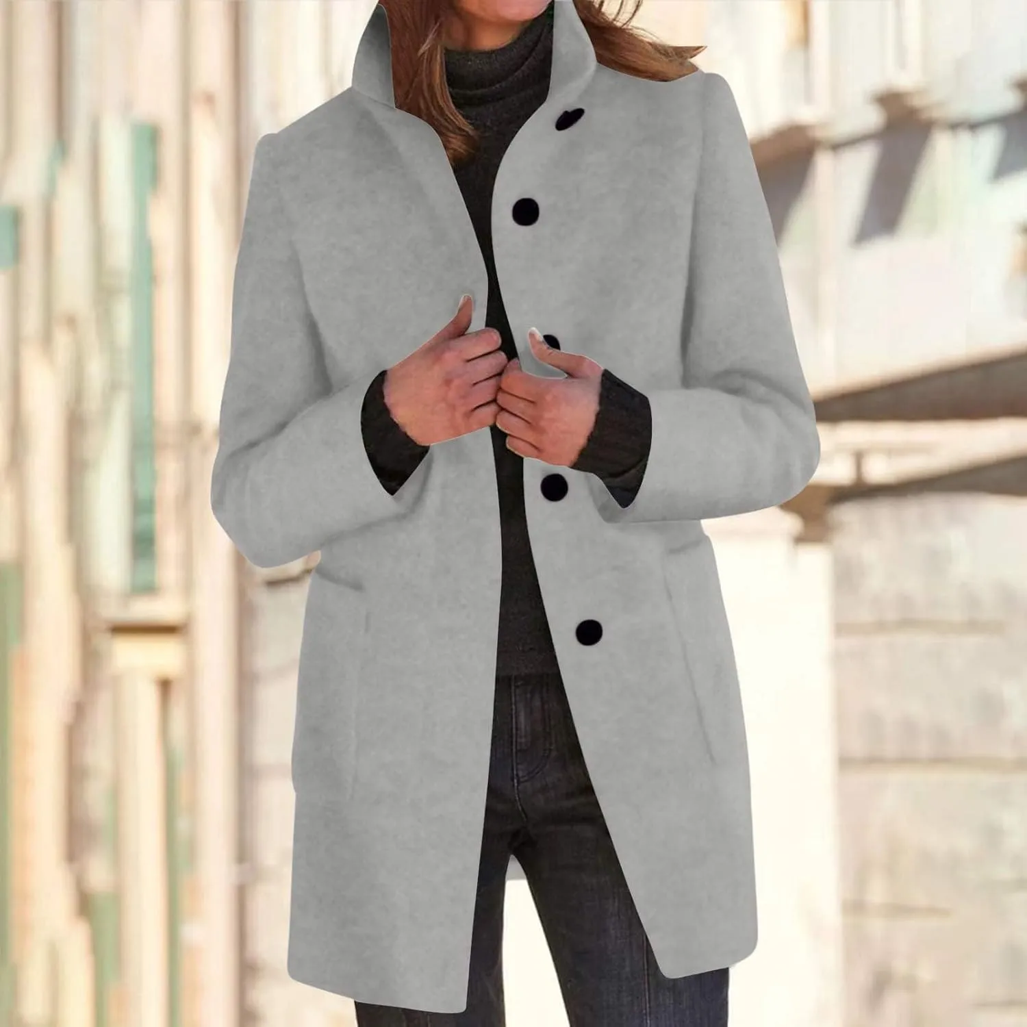 Womens Single-Breasted Wool Coats Casual Lapel Collared Oversized Trench Coat Soft Warm Winter Pea Coat Outwear