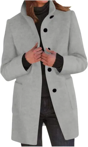 Womens Single-Breasted Wool Coats Casual Lapel Collared Oversized Trench Coat Soft Warm Winter Pea Coat Outwear