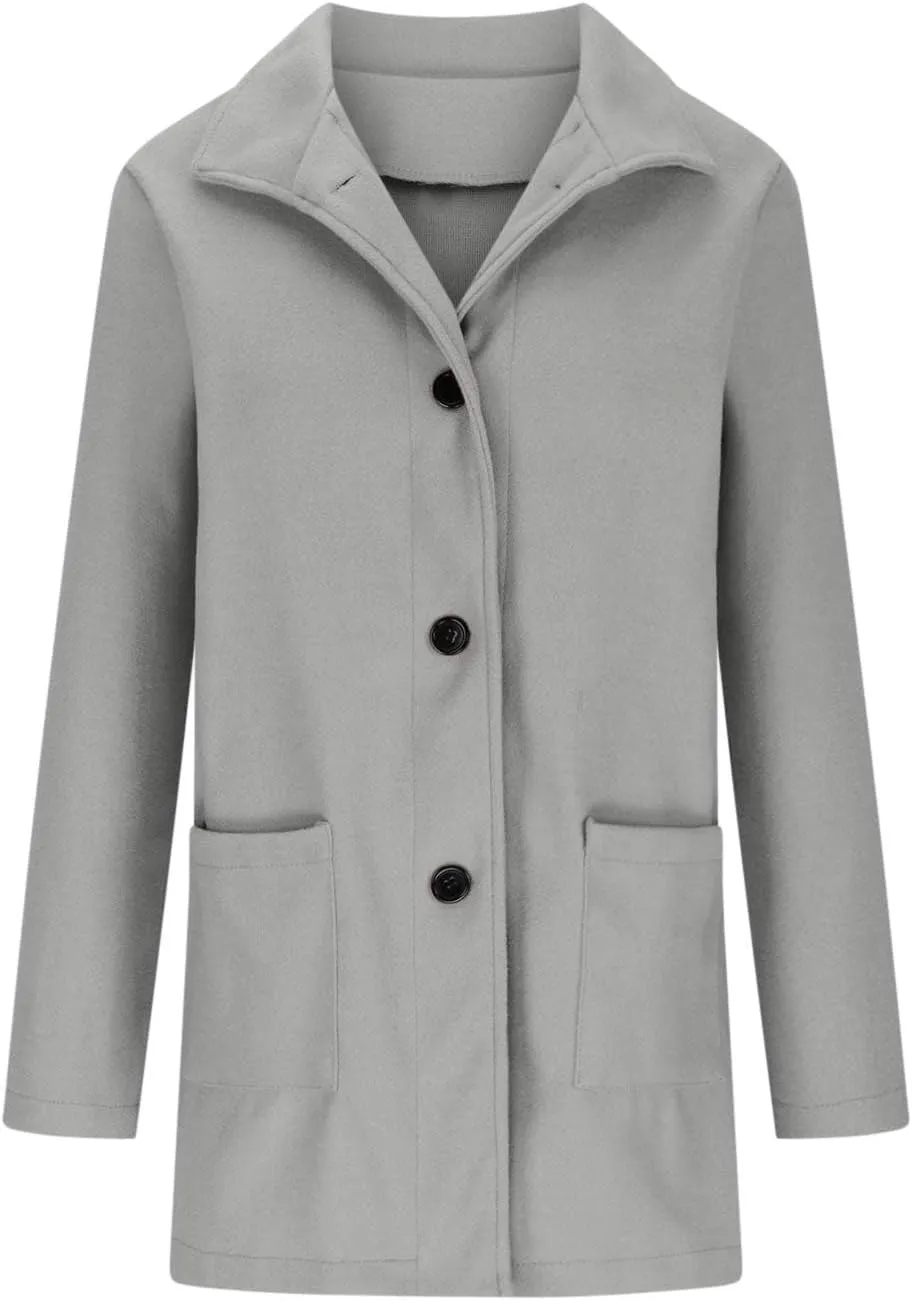 Womens Single-Breasted Wool Coats Casual Lapel Collared Oversized Trench Coat Soft Warm Winter Pea Coat Outwear